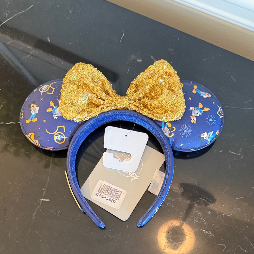 NWT Disney World 50th Anniversary  Blue and Gold Sequin Bow Headband